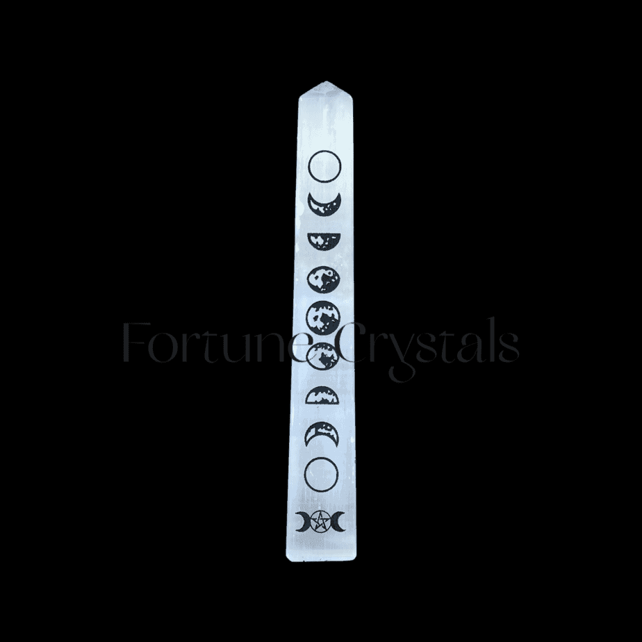 Selenite Obelisk with Crescent Moons Phases